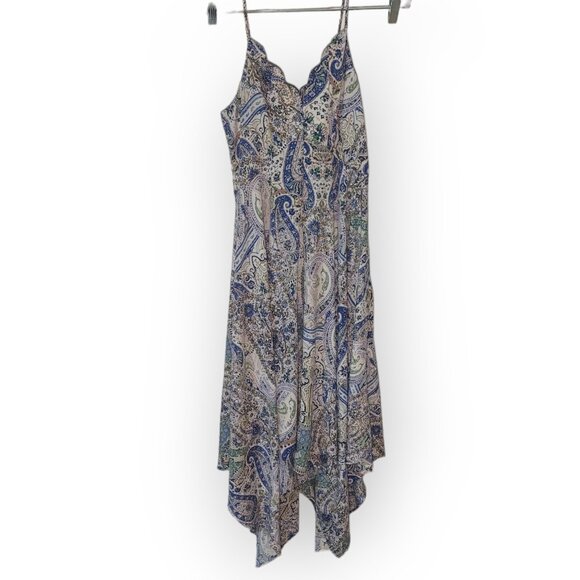 Alya Paisley Handkerchief Bohemian Flowy Dress Scalloped Neckline Blue Size S - Picture 2 of 7